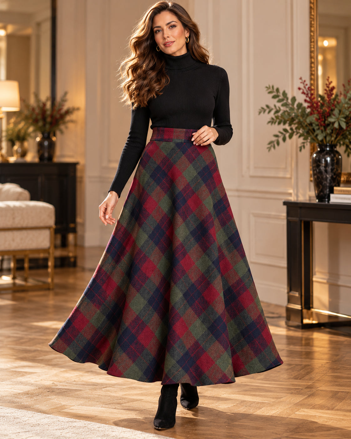 Women's Vintage Wool-Blend Plaid A-Line Skirt
