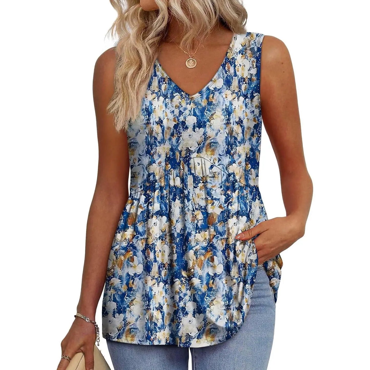 👗Women’s Sleeveless V-Neck Babydoll Tank Top – Flowy Summer Peplum Top