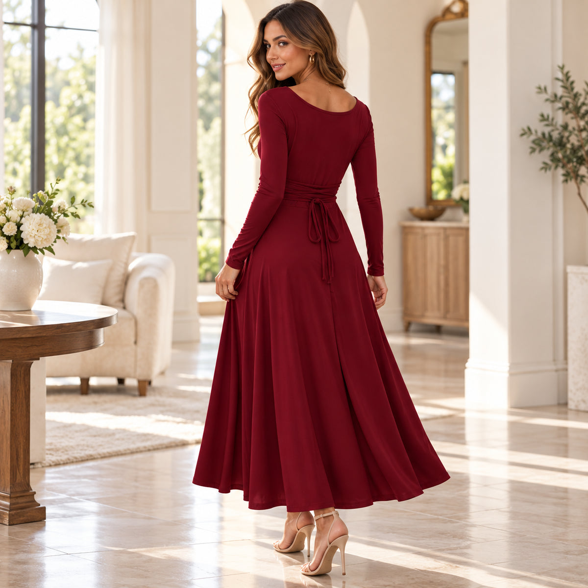 Women's Elegant Square Neck Flowy A-Line Midi Dress