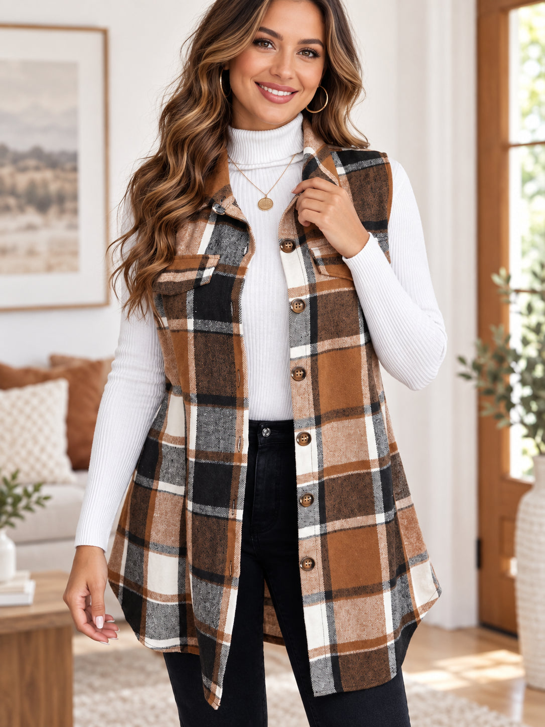Women’s Plaid Longline Button-Front Vest