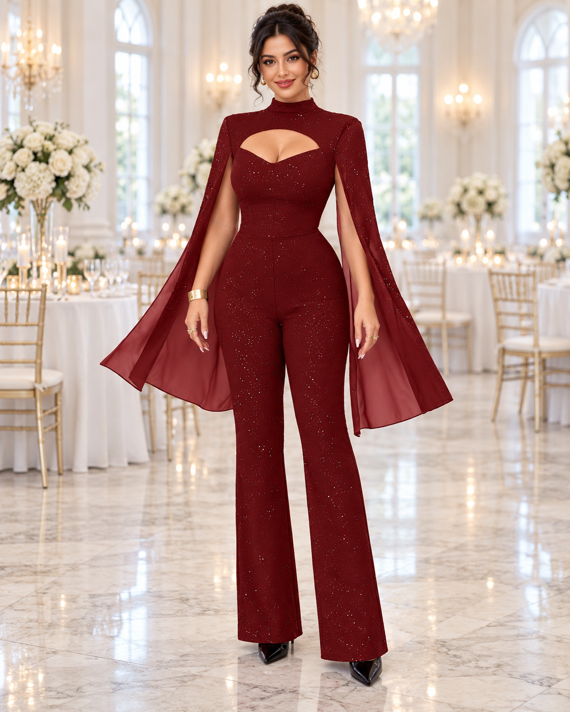 Women’s Sequin Cutout Cape Jumpsuit