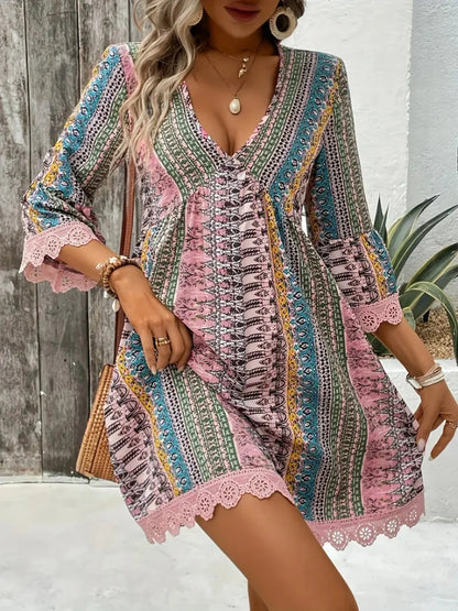 Women's Bohemian Print V-Neck Dress