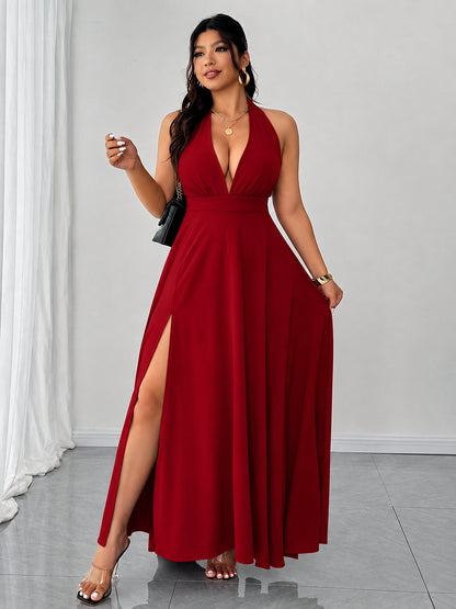 Plus Size Halter Deep V Maxi Dress