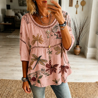 ✨ Vintage Floral Embroidered Linen Blouse