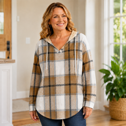 Casual V-Neck Plaid Hoodie with Drawstring