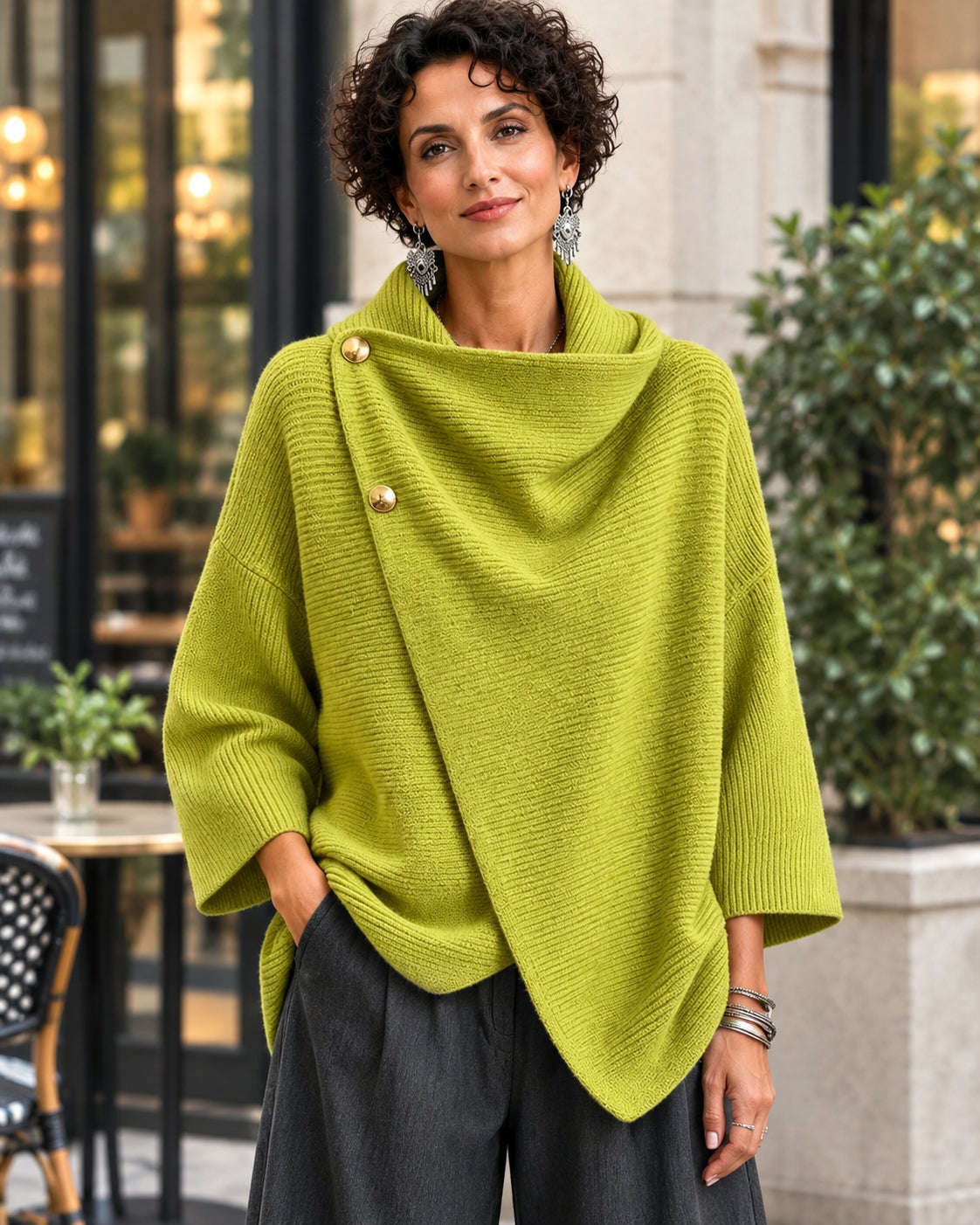 Women's Asymmetric Button Cowl Neck Knit Sweater