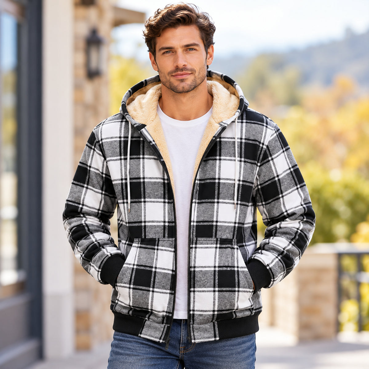Men’s Plaid Fleece-Lined Zip-Up Hoodie Jacket