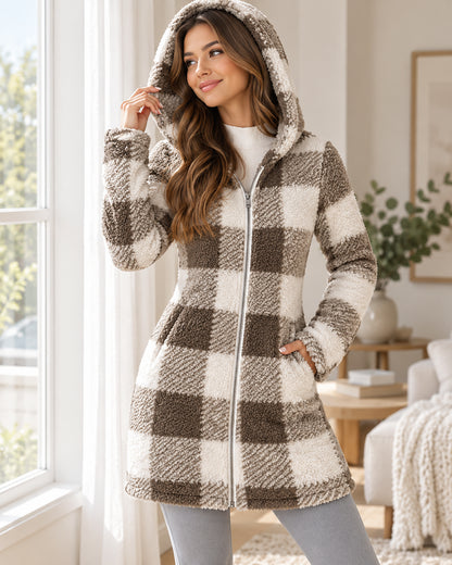 Women's Cozy Plaid Fleece Hooded Zip-Up Long Jacket