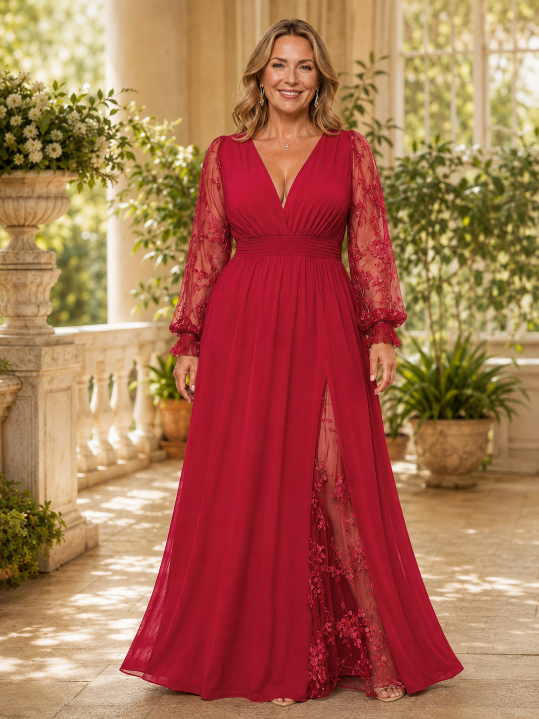 Women's Plus Size Deep V-Neck Embroidered Mesh Long Dress with Side Slit