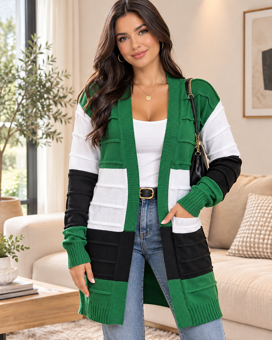 Women's Colorblock Textured Longline Knit Cardigan