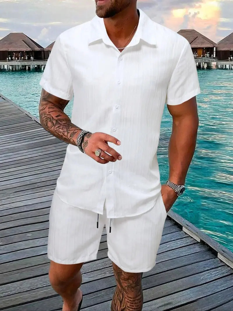 ☀️ Men's Textured Short Sleeve Shirt & Shorts 2-Piece Set