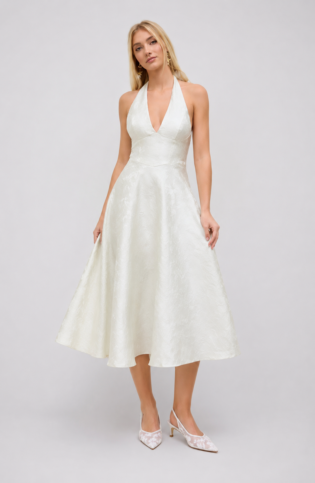 Floral Jacquard Halter Maxi Dress – Lace-Up Wedding Guest Dress