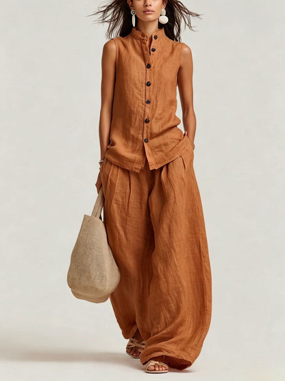🕊 Relaxed Linen Matching Two Piece Set Sleeveless Top & Wide Leg Trousers