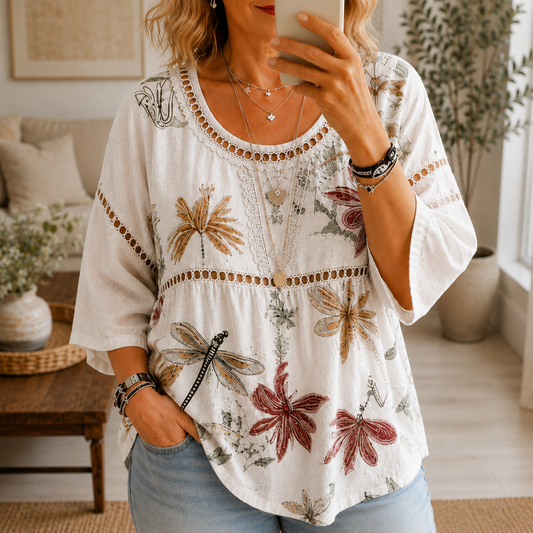 ✨ Plus Size Linen Blouse – Dragonfly & Floral Embroidery