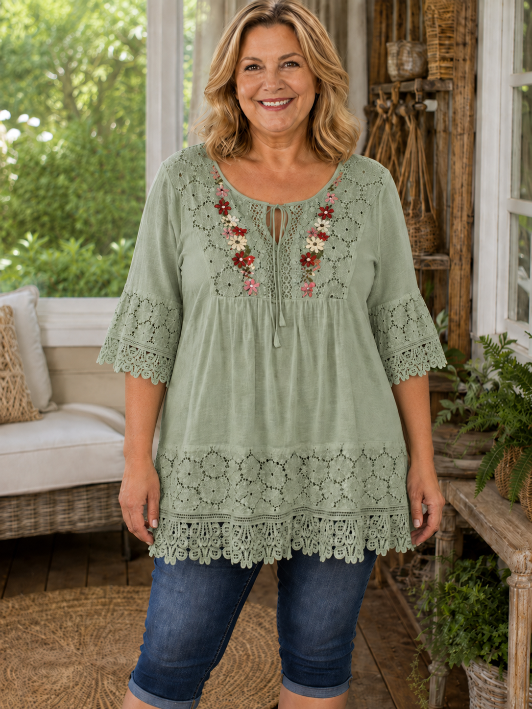 Plus Size Cotton Linen Boho Floral Embroidered Lace Tunic Top