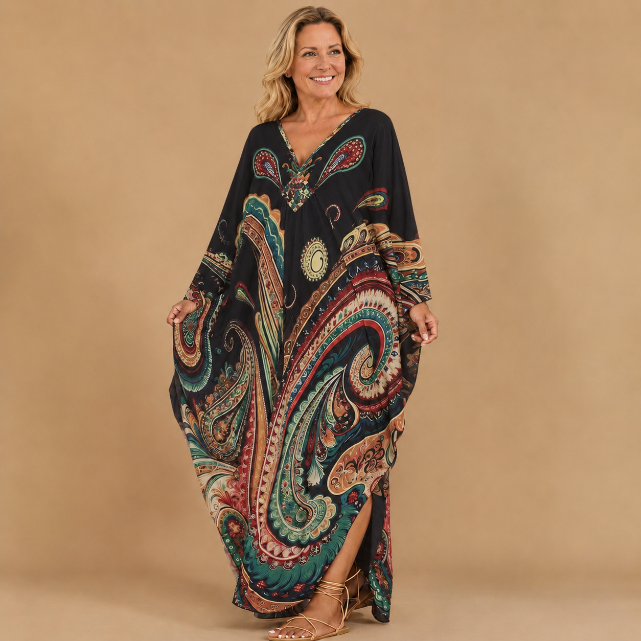 Boho Paisley Print V-Neck Kaftan Dress