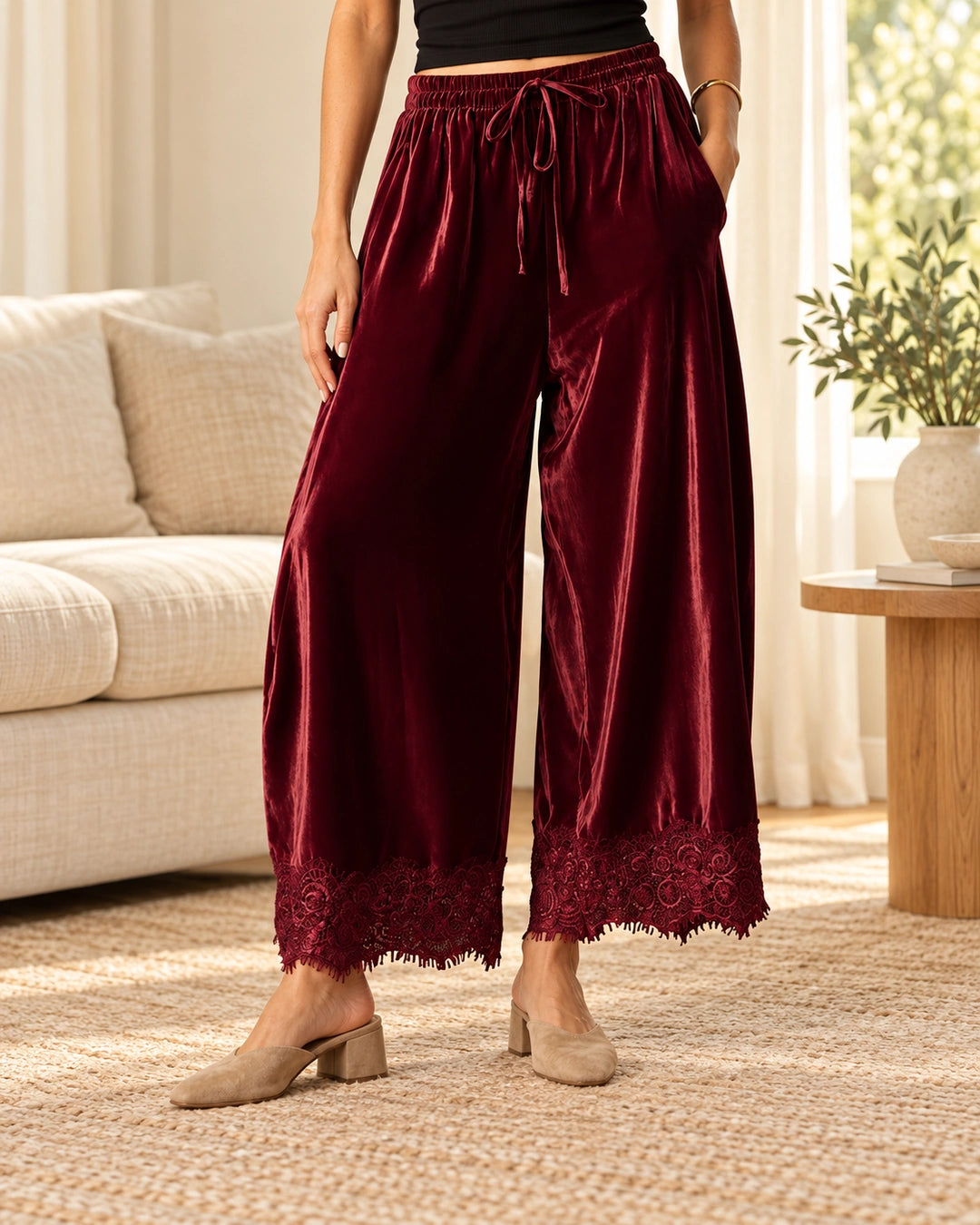 Women's Lace-Trim Velvet Wide-Leg Pants