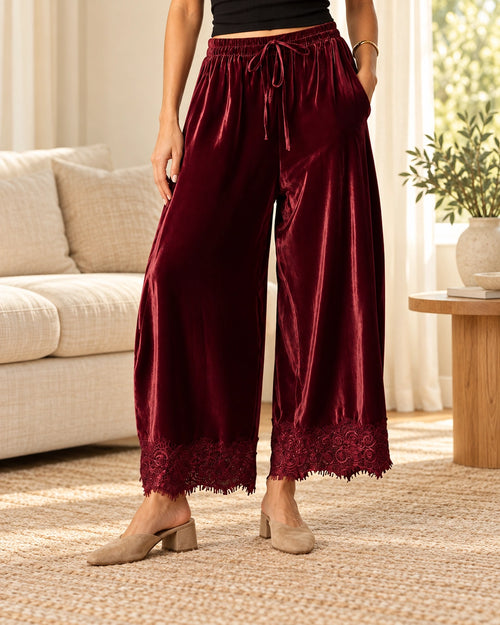 Women's Lace-Trim Velvet Wide-Leg Pants