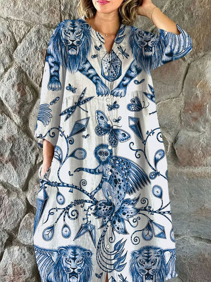 ✨Women’s Loose Boho  Dress – Printed Button Down Vacation Shirt Dress