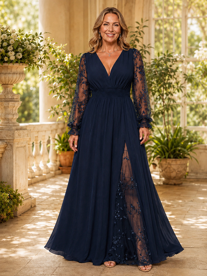 Women's Plus Size Deep V-Neck Embroidered Mesh Long Dress with Side Slit
