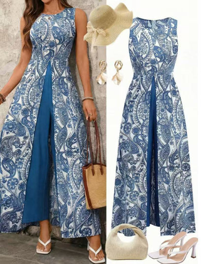 Women's Boho Printed Sleeveless Front-Split Maxi Top & Wide-Leg Pants 2-Piece Set