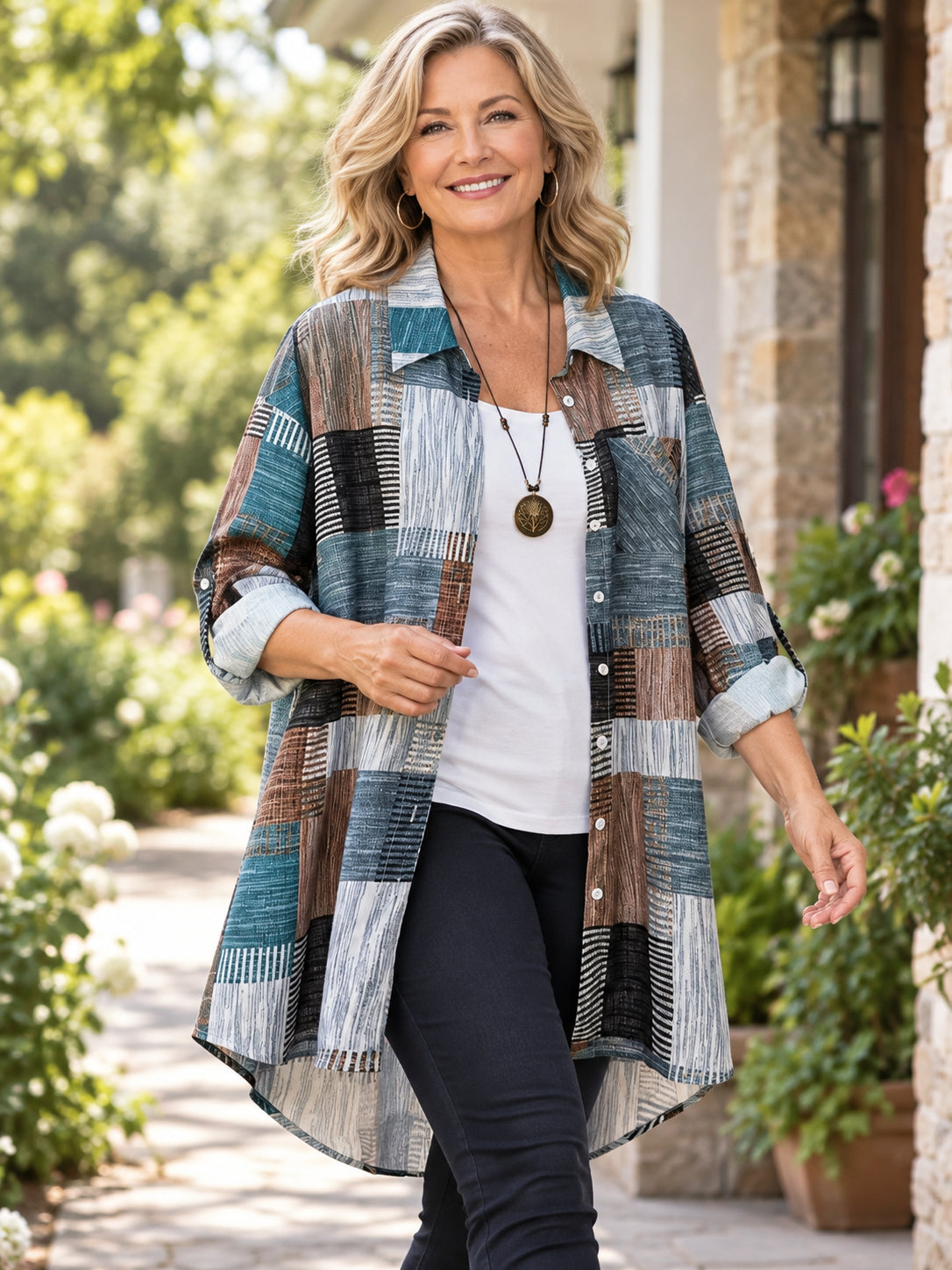 Plus Size Geometric High-Low Button-Up Shirt