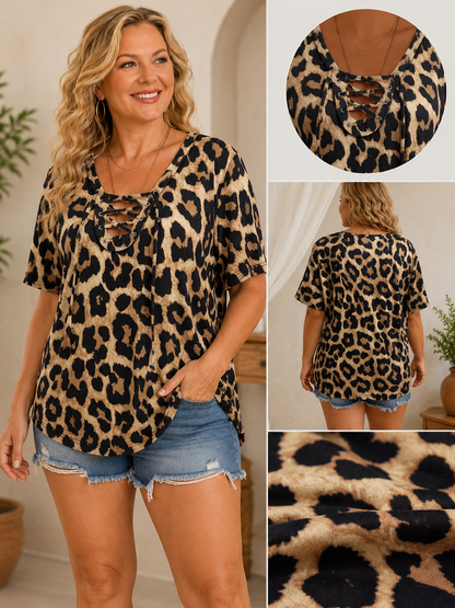 Plus Size Women's Leopard Print V-Neck Top