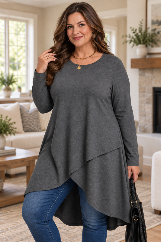 Plus Size Asymmetrical Hem Long Sleeve Tunic Top