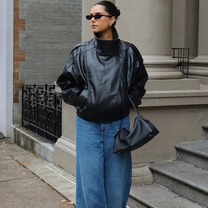 Women’s Oversized Stand Collar Faux Leather Jacket