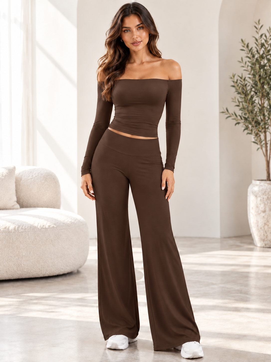 Women's Off-Shoulder 2-Piece Sculpting Straight Leg Set