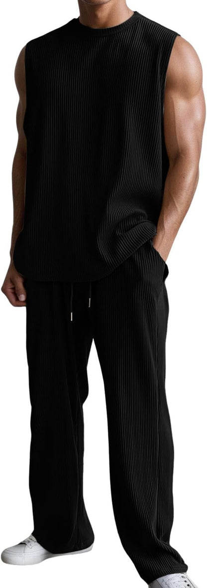 ✨Modern Knit Men's 2-Piece Leisure Suit – Sleeveless Tank Top & Lounge Pants
