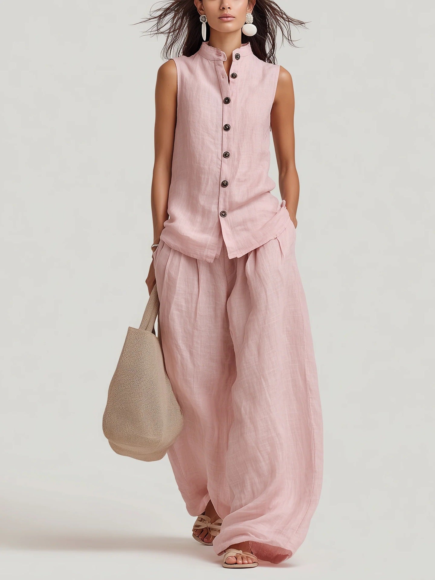 🕊 Relaxed Linen Matching Two Piece Set Sleeveless Top & Wide Leg Trousers