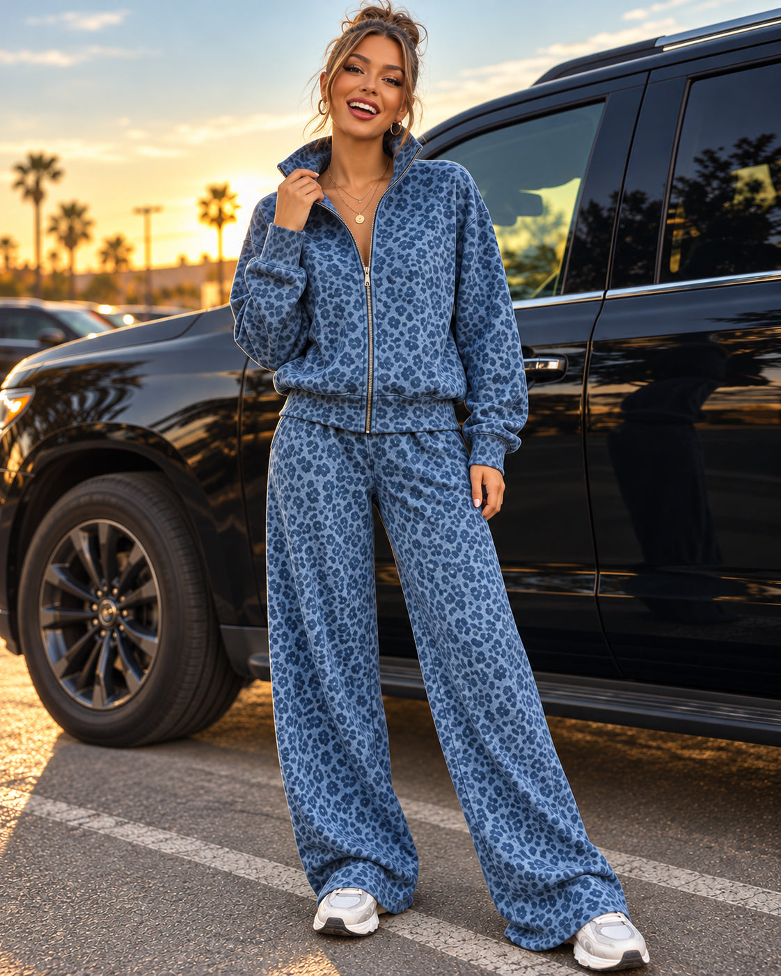 Women's Leopard Print Zip-Up Wide-Leg Pants Set