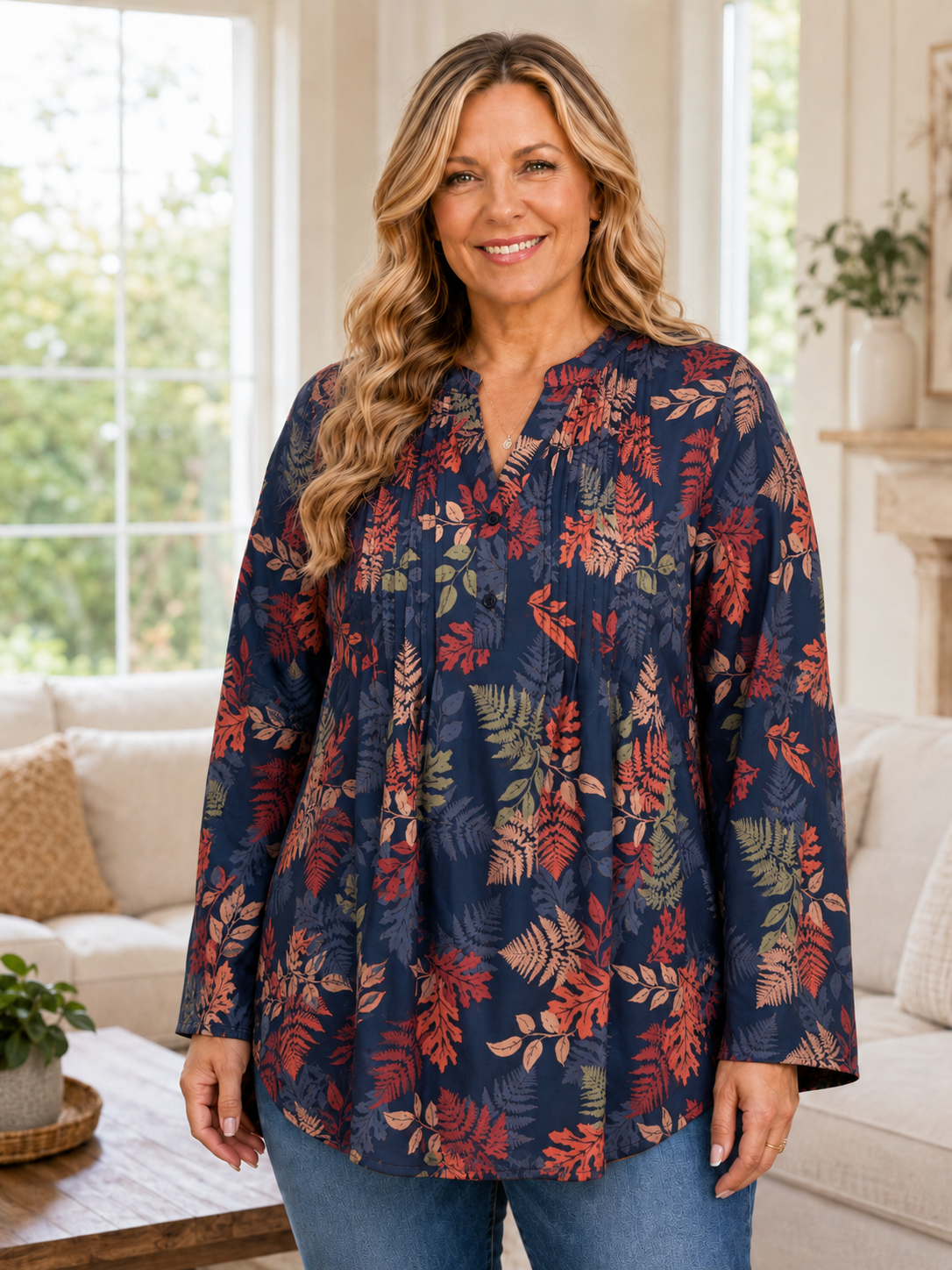 Women's Plus Size Leaf Print V-Neck Long Sleeve Tunic Blouse