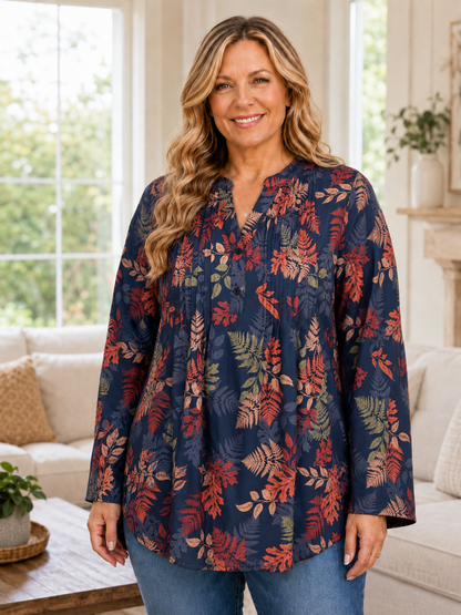 Women's Plus Size Leaf Print V-Neck Long Sleeve Tunic Blouse