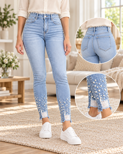 Women's High-Waisted Pearl Beaded Distressed Skinny Jeans