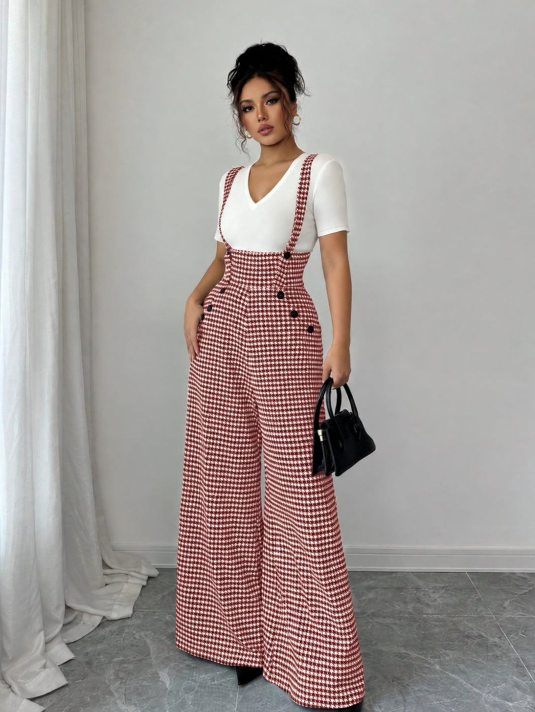 Women's Vintage Houndstooth Wide-Leg Suspender Jumpsuit