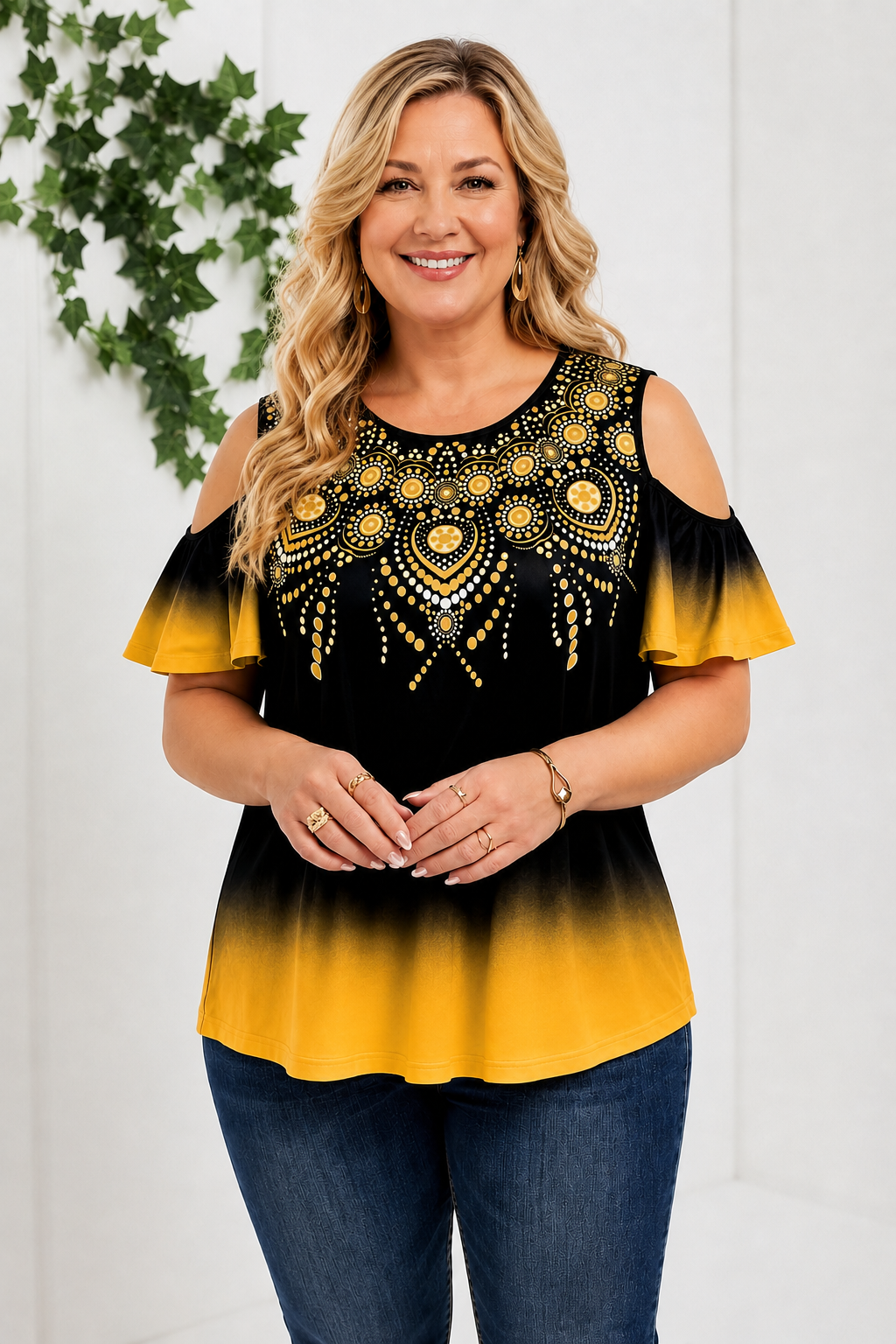 Plus Size Boho Ombre Cold Shoulder Top