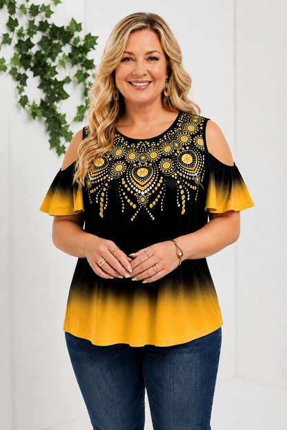 Plus Size Boho Ombre Cold Shoulder Top