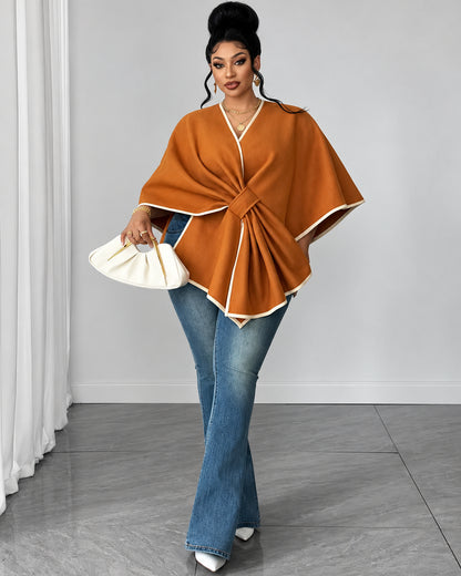 Women's Elegant Contrast-Trim Wrap Cape