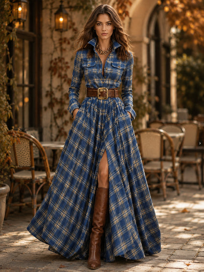 Women’s Plaid Belted Maxi Shirt Dress