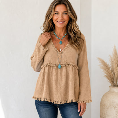 Women’s Boho V-Neck Fringe Babydoll Top