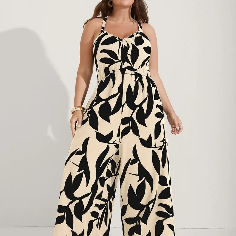 Plus Size Boho Wide-Leg Jumpsuit with Pockets