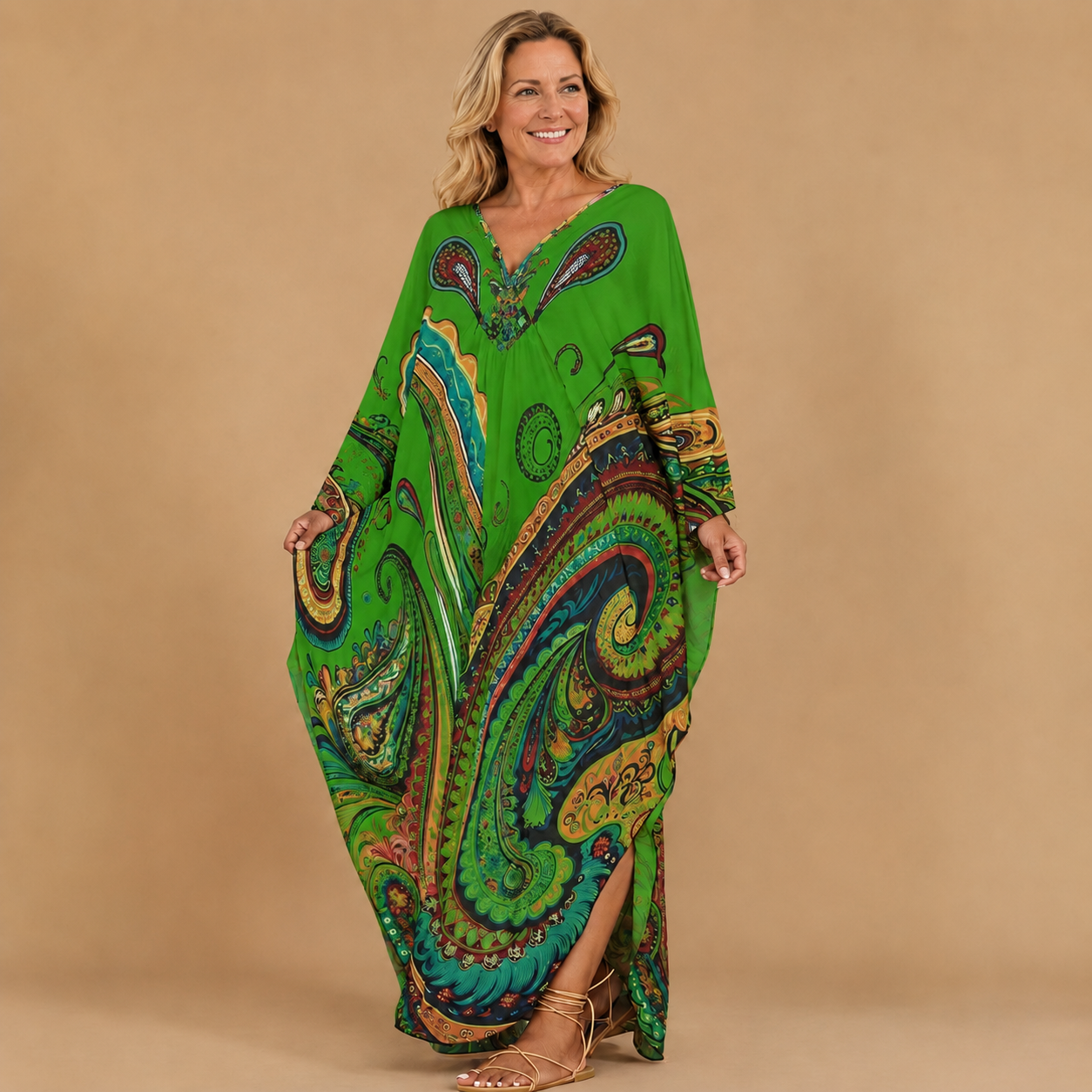 Boho Paisley Print V-Neck Kaftan Dress