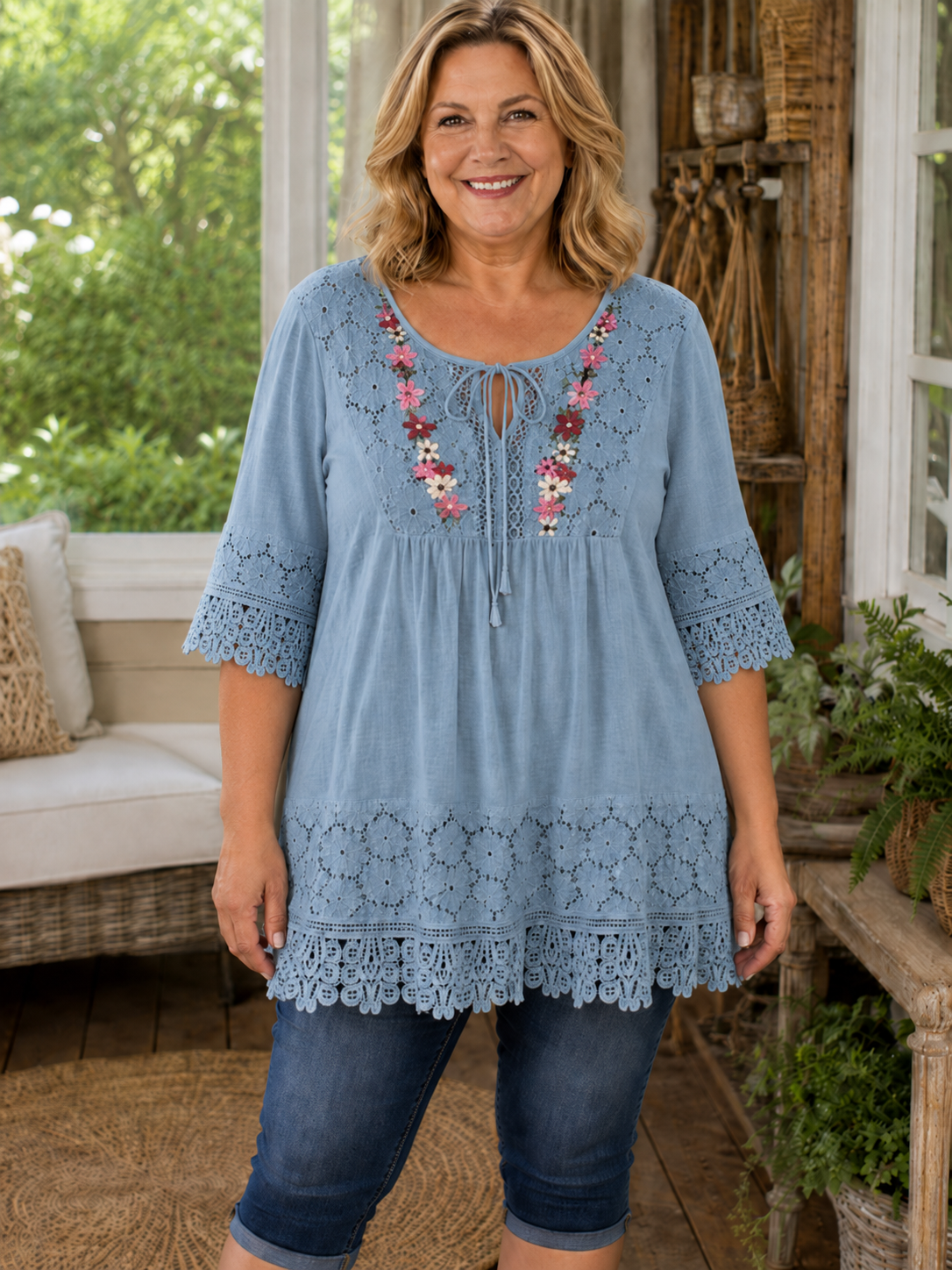 Plus Size Cotton Linen Boho Floral Embroidered Lace Tunic Top