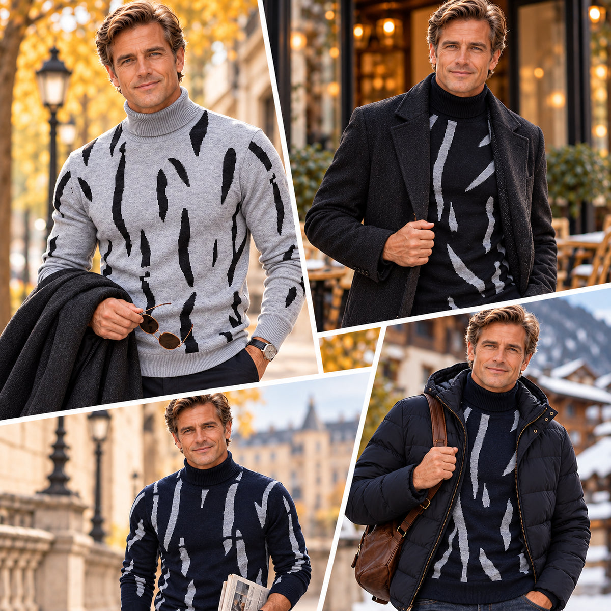 Men's Abstract Stripe Turtleneck Knit Sweater