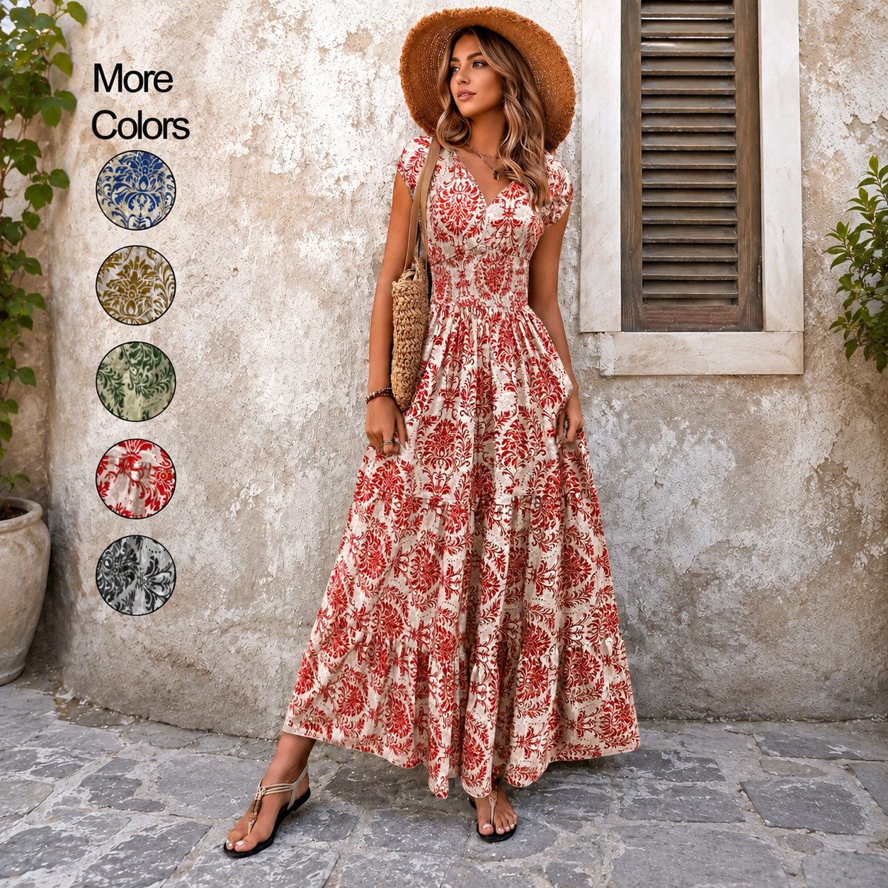 💃Women’s Boho Shirred V-Neck Flowy Vacation Maxi Dress