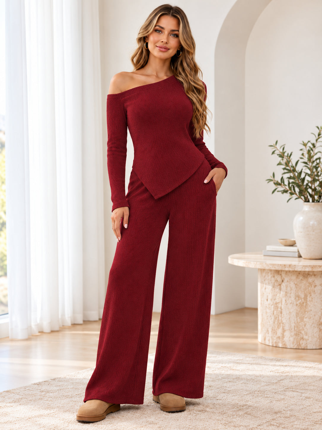 Elegant Asymmetric Shoulder Top & High-Waist Wide-Leg Pants Set
