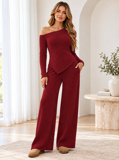 Elegant Asymmetric Shoulder Top & High-Waist Wide-Leg Pants Set
