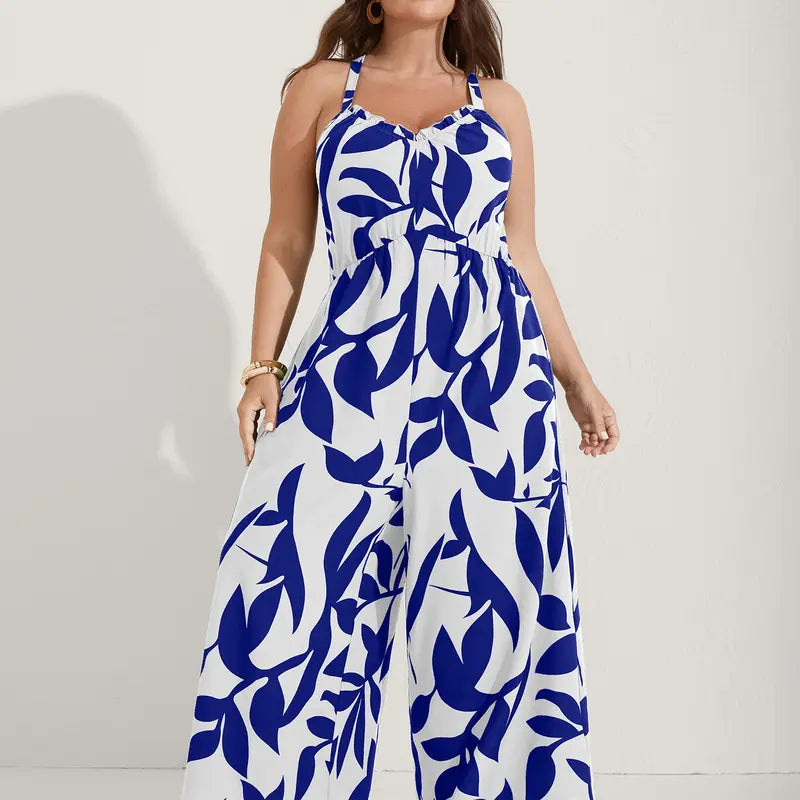 Plus Size Boho Wide-Leg Jumpsuit with Pockets